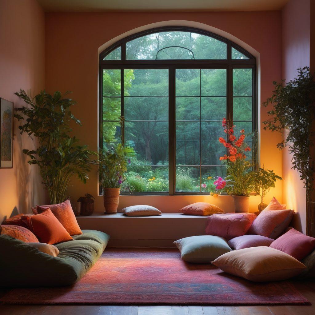 A cozy, dimly-lit room with a person sitting in front of a large screen displaying vibrant AV technology visuals that radiate bright colors. The person, reflecting a sense of contemplation, is surrounded by comforting elements like soft pillows and warm lighting, symbolizing transformation from melancholy to motivation. Include subtle hints of nature peeking through a window, showcasing a vibrant outdoor scene. super-realistic. vibrant colors. warm lighting.