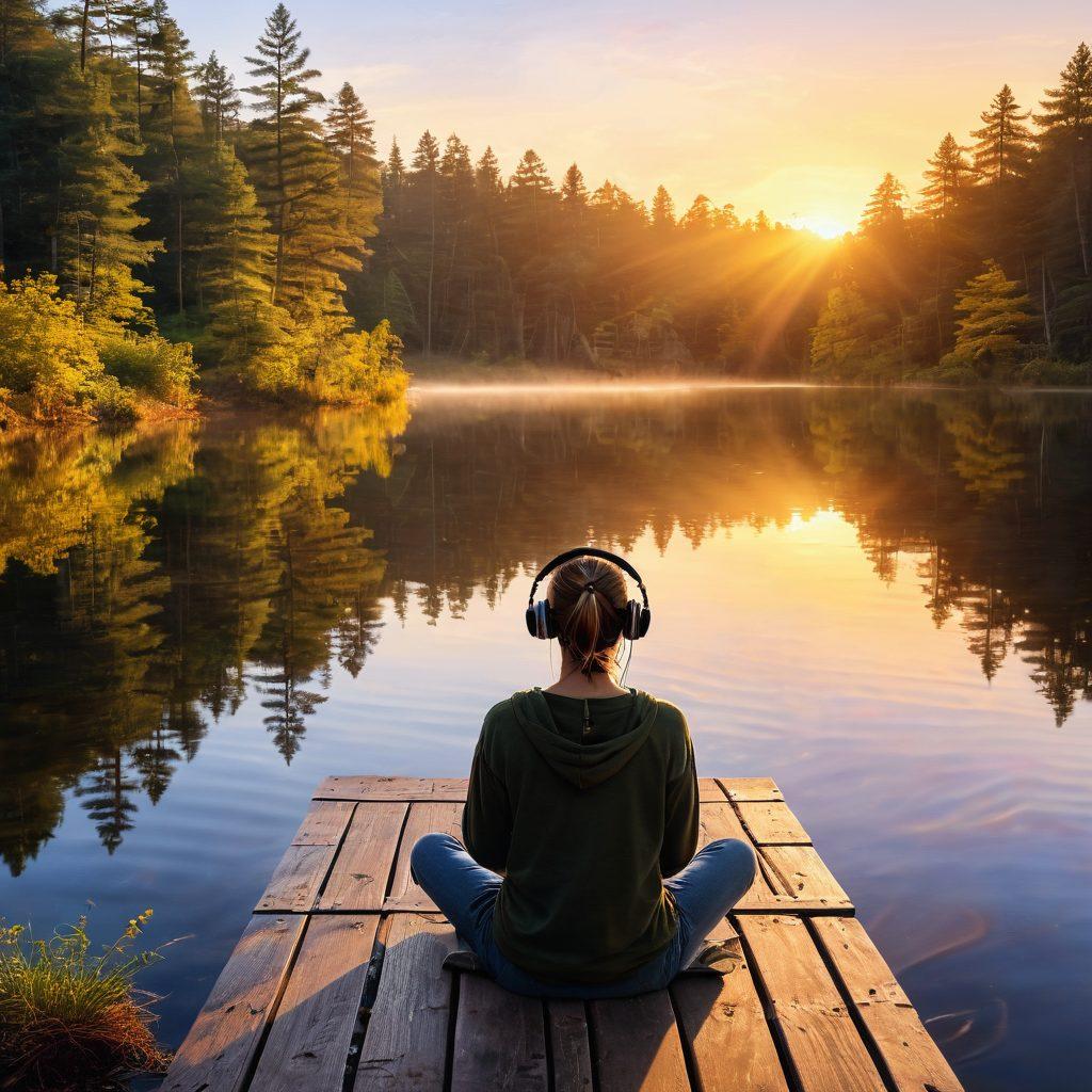 A serene landscape depicting a sunrise over a tranquil lake, symbolizing hope and healing, with a person joyfully listening to music through headphones, surrounded by colorful abstract sound waves. Items like a journal and a cup of tea are placed nearby on a wooden dock, inviting introspection and comfort. The scene radiates warmth and positivity. super-realistic. vibrant colors. peaceful atmosphere.