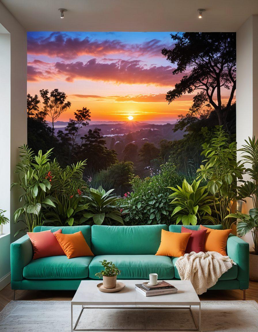 A serene living room with a modern AV setup, showcasing a vibrant projection of a colorful sunset on the wall, soft cushions and plants around, a person smiling while engaging with the technology, warm lighting creating a cozy atmosphere. super-realistic. vibrant colors. soft focus.